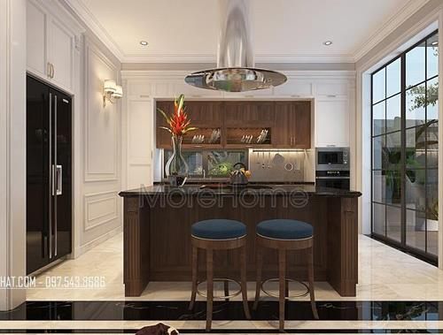  Tủ bếp có đảo bếp gỗ óc chó tại biệt thự Vinhomes RiverSide